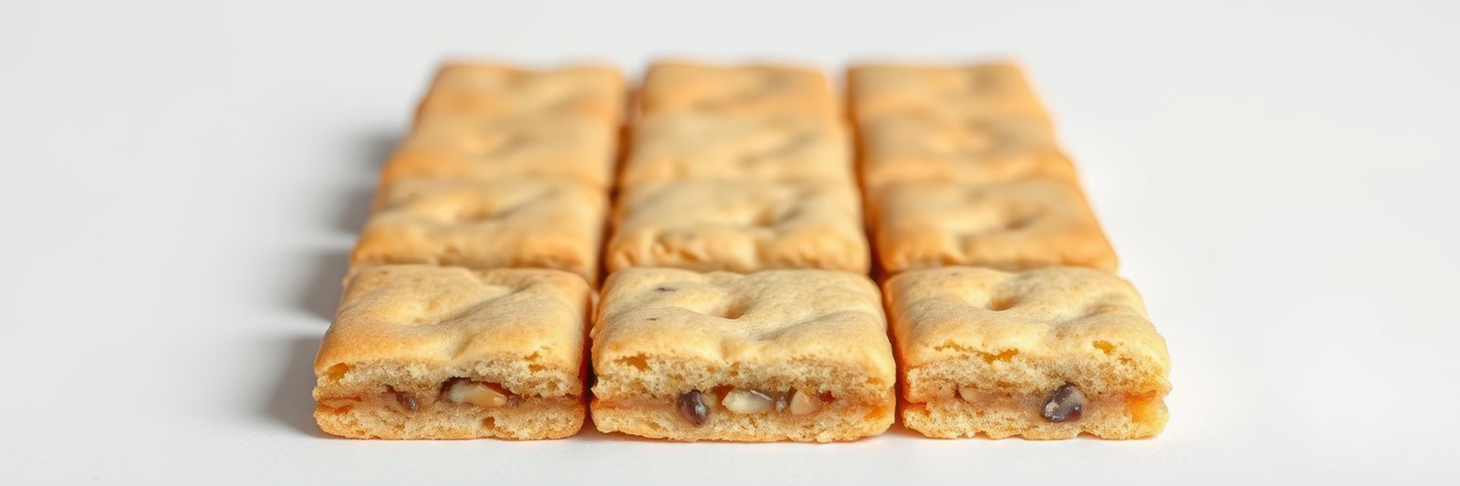 Deliciously baked rectangular cookies lined up on a white surface ready for enjoyment